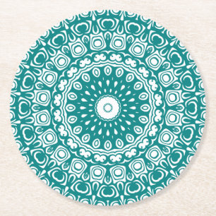 Porta-copo De Papel Redondo Padrão de Mandala Azul Turquesa em Negrito