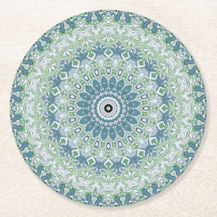 Porta-copo De Papel Redondo Padrão de Mandala Costeira Azul e Verde Marinho