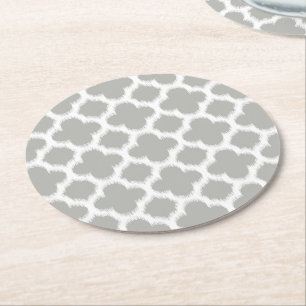 Porta-copo De Papel Redondo Padrão de Quatrefoil Retro Ikat Branco da Cinza be