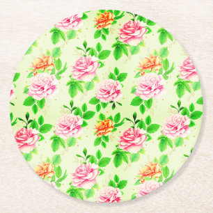 Porta-copo De Papel Redondo Padrão de Rosas Florais Elegantes Folhas Verdes-23