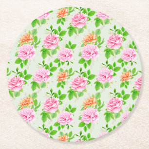 Porta-copo De Papel Redondo Padrão de Rosas Rosa Floral-23675