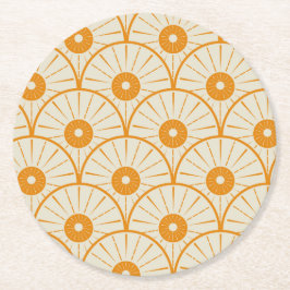 Porta-copo De Papel Redondo Padrão de Sol Abstrato Art Déco Laranja