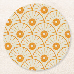 Porta-copo De Papel Redondo Padrão de Sol Abstrato Art Déco Laranja