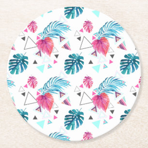 Porta-copo De Papel Redondo Padrão de Triângulo de Folha Tropical