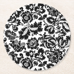 Porta-copo De Papel Redondo Padrão Floral Veneziano Preto e Branco de William