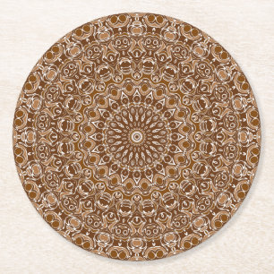 Porta-copo De Papel Redondo Padrão Mandala Marrom Chocolate e Branco