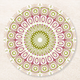 Porta-copo De Papel Redondo Padrão Mandala Oliva e Rosa