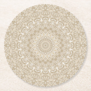 Porta-copo De Papel Redondo Padrão Ornamental de Mandala Bege e Branco