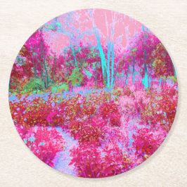 Porta-copo De Papel Redondo Paisagem Impressionista de Jardim Vermelho e Rosa