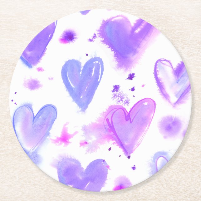 Porta-copo De Papel Redondo Paixão Roxo Corações de Aquarela (Frente)