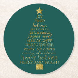 Porta-copo De Papel Redondo Palavras Árvore de Natal Verde Dourado Alegre e Br