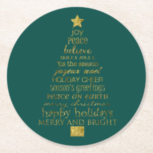 Porta-copo De Papel Redondo Palavras Árvore de Natal Verde Dourado Alegre e Br
