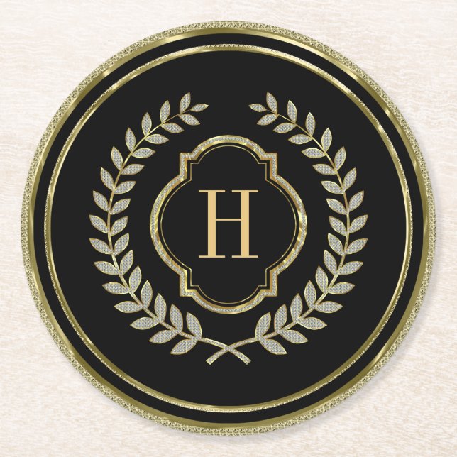 Porta-copo De Papel Redondo Pano preto e Dourado, monograma (Frente)