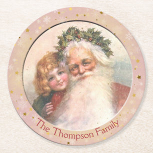 Porta-copo De Papel Redondo Papai Noel Antigo e Menina