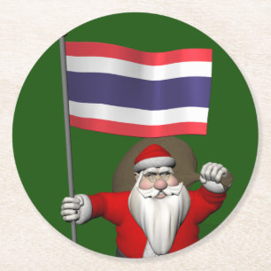 Porta-copo De Papel Redondo Papai Noel feliz com a bandeira de Tailândia