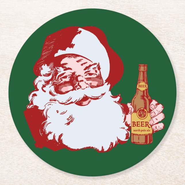 Porta-copo De Papel Redondo Papai Noel retro com um Natal da cerveja (Frente)