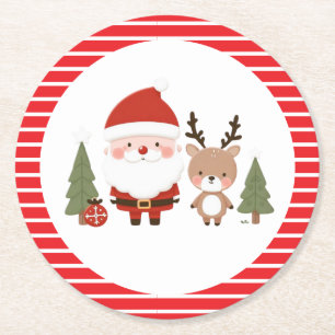 Porta-copo De Papel Redondo Papais noeis e renas de Natal bonitos