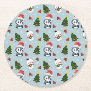 Porta-copo De Papel Redondo Papais noeis Pinguins Feliz Padrão de Árvore de Na