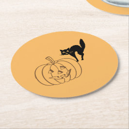 Porta-copo De Papel Redondo Papel Absorvente - Abóbora e Gato Preto
