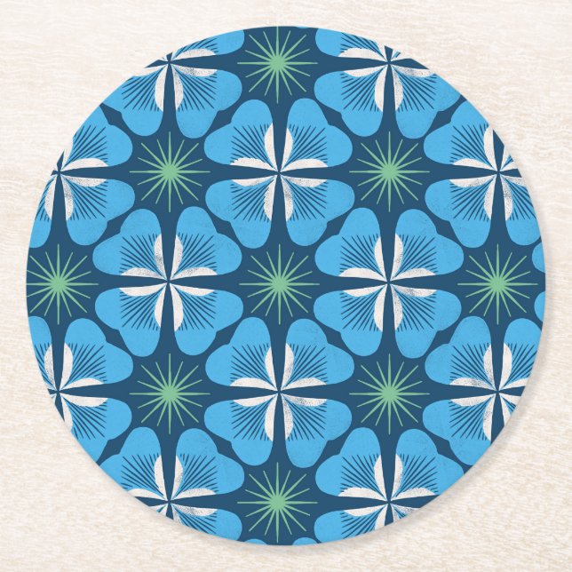 Porta-copo De Papel Redondo Paper Coaster in bright blue clover geometric (Frente)