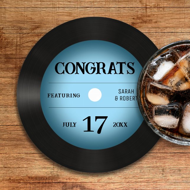 Porta-copo De Papel Redondo Parabéns de Casamento com Registro de Vinilo Azul  (Retro Blue Vinyl Record Wedding Congratulations Round Paper Coaster
)