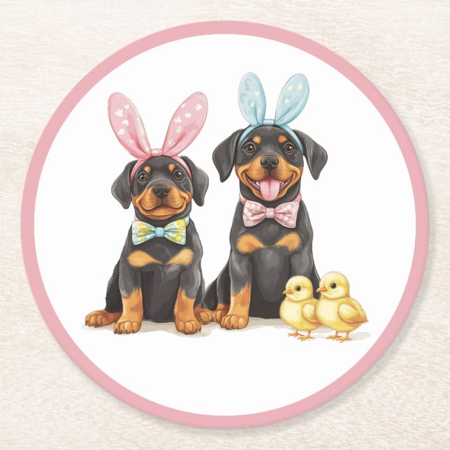 Porta-copo De Papel Redondo Páscoa Rottweiler Cães Coelhinhos (Frente)