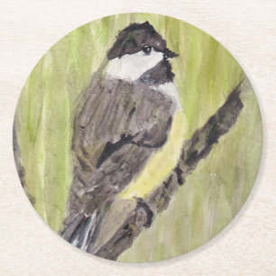 Porta-copo De Papel Redondo Pássaro Chickadee de casaco preto - pintura acríli
