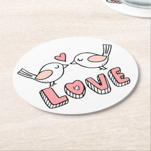 Porta-copo De Papel Redondo Pássaros de Amor Fofo Rosa e Branco Casamento
