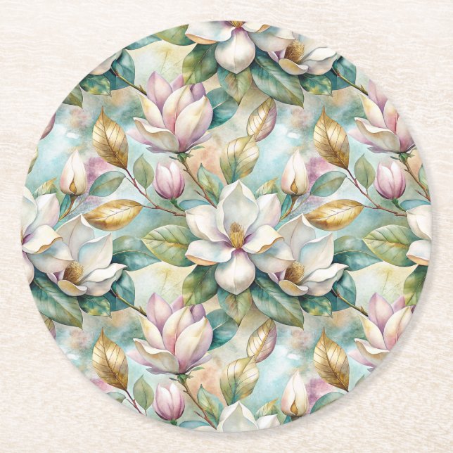 Porta-copo De Papel Redondo Pattern Elegant Magnolia Flowers (Frente)