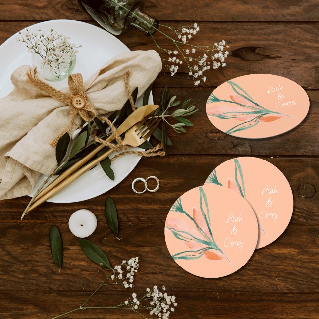 Porta-copo De Papel Redondo Peach Modern Wedding (Criador carregado)