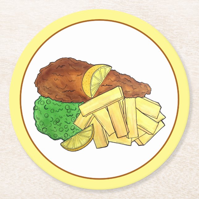 Porta-copo De Papel Redondo Peixes e Chips - Comida do restaurante britânico P (Frente)