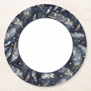 Porta-copo De Papel Redondo Penas Estrelas Branco Aniversário Azul Dourado