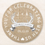 Porta-copo De Papel Redondo Personalizado A Caça É Sobre O Favor Do Casamento<br><div class="desc">"OBRIGADO POR CELEBRAR CONOSCO!" Porta copos de papel de festa para o casamento russo. Adicione nomes de casais e data. Personalize-o ou clique no botão "personalizá-lo" para obter todas as opções de edição.</div>