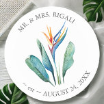 Porta-copo De Papel Redondo Personalizar Flor de Aquarela do Porta copos Casam<br><div class="desc">Elevem seus favores de casamento com essas portas copos personalizadas de casamento, apresentando uma espantosa ave aquarela de flor do paraíso, emparelhada com folhagem de folha de palma exuberante em tons vibrantes de laranja, turquesa e verde. Projetadas por Victoria Grigaliunas do Do Tell A Belle, essas portas copos misturam elegância...</div>