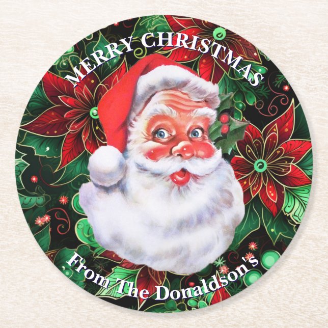 Porta-copo De Papel Redondo Personalize Christmas Santa Claus Family Name 6 (Frente)