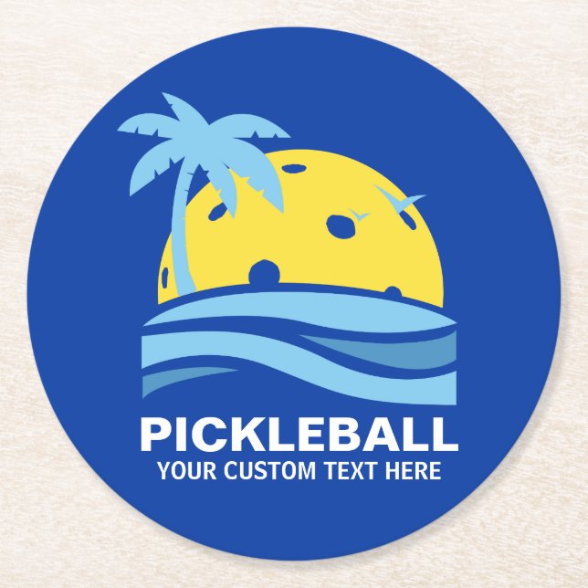 Porta-copo De Papel Redondo Pickleball Tropical Palm Tree Sun Seu Texto Person (Frente)