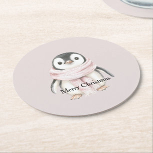 Porta-copo De Papel Redondo Pinguim de Cachecol Rosa Natal