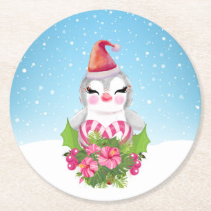 Porta-copo De Papel Redondo Pinguim de Natal bonito em Papai Noel