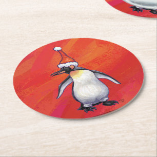 Porta-copo De Papel Redondo Pinguim no Chapéu de Santa em Vermelho