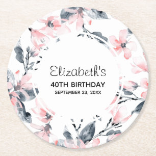 Porta-copo De Papel Redondo Pink & Cinza Floral Watercolor Patterno Aniversári