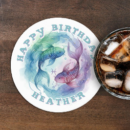 Porta-copo De Papel Redondo Pisces Zodiac Watercolor Fish Astrology Birthday