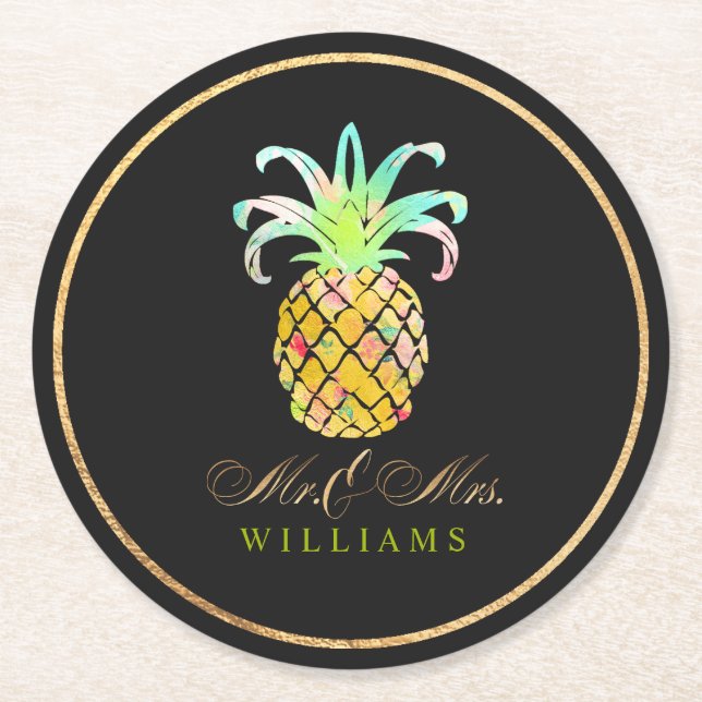 Porta-copo De Papel Redondo PixDezines Faux Dourado/Abacaxis (Frente)