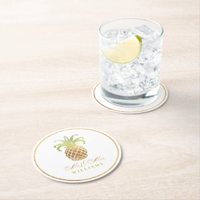 Porta-copo De Papel Redondo PixDezines Faux Dourado/Ananases (Insitu)