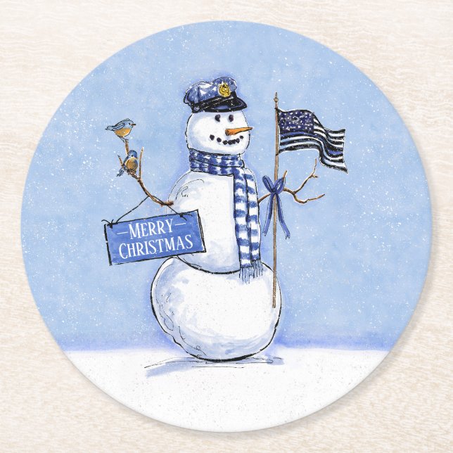 Porta-copo De Papel Redondo Policial Thin Blue Line Snowman Natal (Frente)