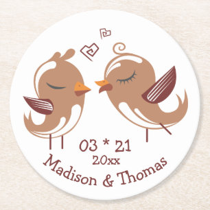 Porta-copo De Papel Redondo Pombinhos Castanhos Casamento Personalizado Amor