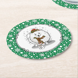 Porta-copo De Papel Redondo Pomerânia de Natal de inverno (branca) Neve Cão