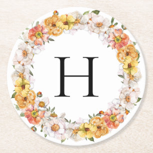 Porta-copo De Papel Redondo Porta copos floral inicial do sobrenome personaliz