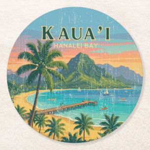 Porta-copo De Papel Redondo Pôsteres de Viagem Havaianos Antigos - Kauai