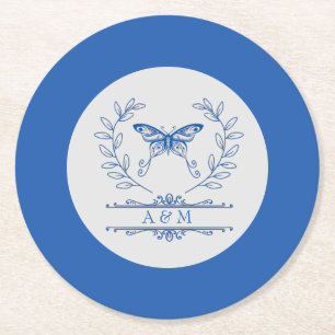 Porta-copo De Papel Redondo Pousa Papel Casamento Monograma Borboleta Azul