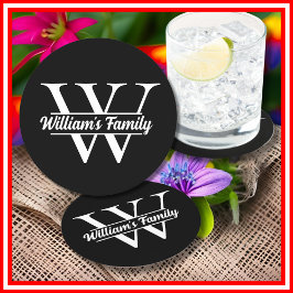 Porta-copo De Papel Redondo Preto e Branco | Monograma de Nome de Família Simp